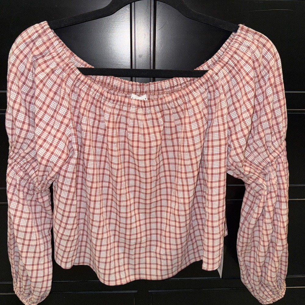 Topshop Seersucker Off The‎ Shoulder Top Sz 4 Pink Brown Check Boho
